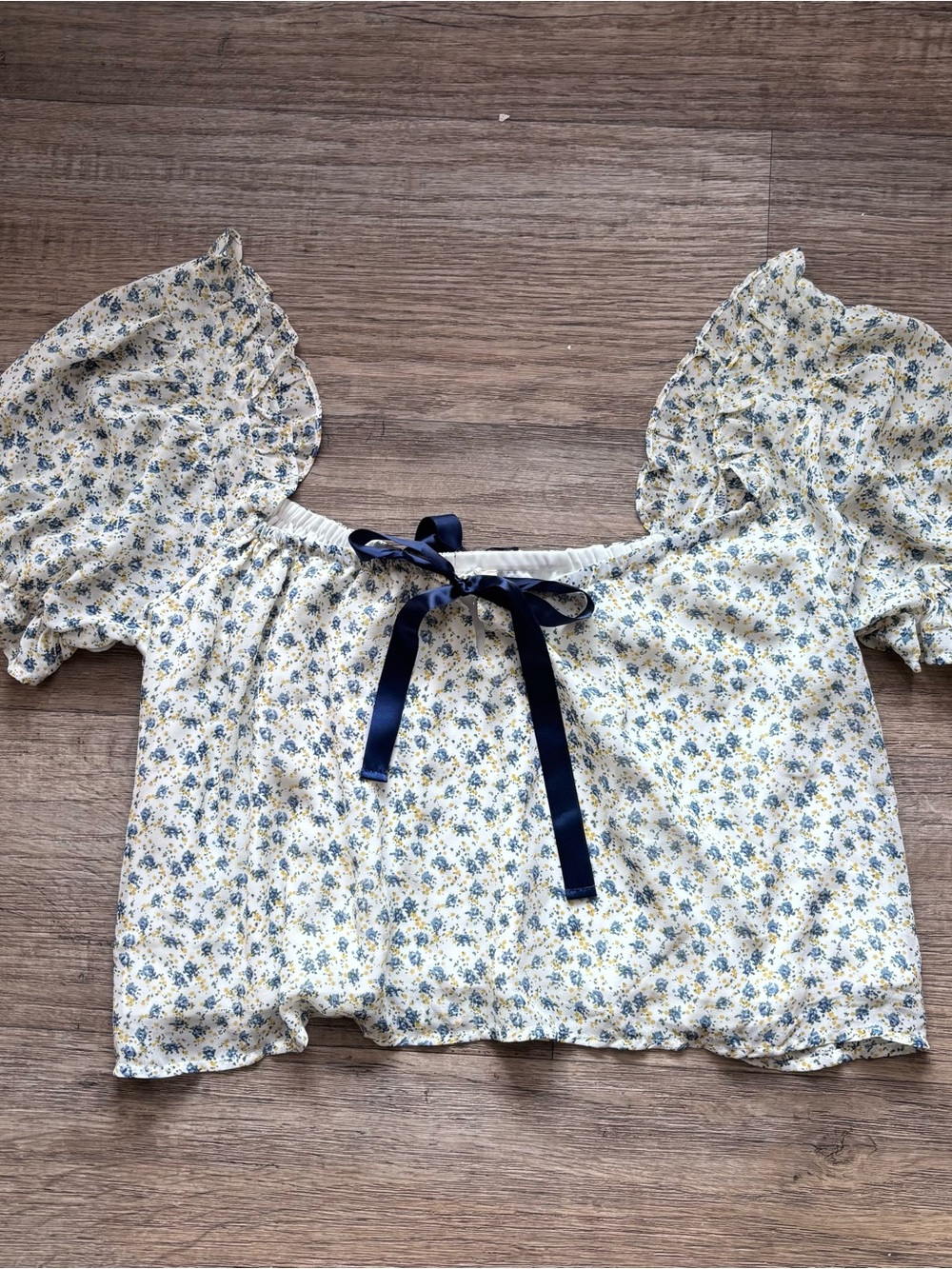 Floral Off-Shoulder Crop Top w/ Navy Ribbon Coquette Girl Feminine Cottagecore